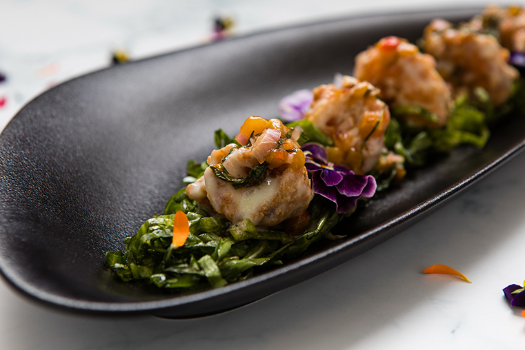 Wasabi prawns with mango and mint salsa